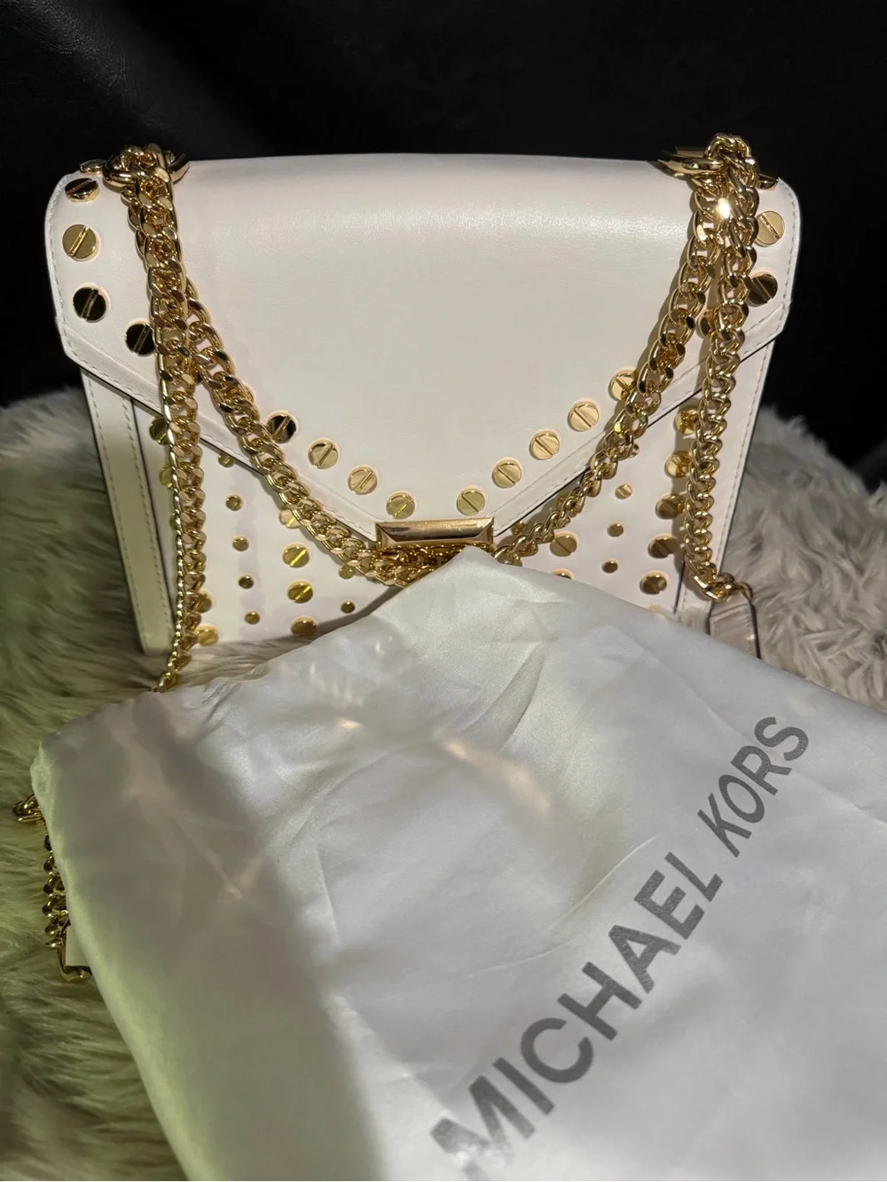 Michael Kors White Gold-Studded Shoulder Bag!